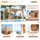 EROMMY Louvered Pergola 11'x13' Outdoor Hard Top Mansard Roof Gazebo with Aluminum Wooden Grain Frame and Adjustable Metal Rainproof Roof for Garden & Patio, Curtains and Netting Included, Wood Grain EROMMY