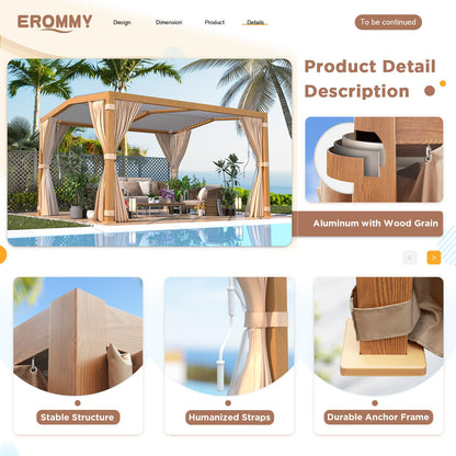 EROMMY Louvered Pergola 11'x13' Outdoor Hard Top Mansard Roof Gazebo with Aluminum Wooden Grain Frame and Adjustable Metal Rainproof Roof for Garden & Patio, Curtains and Netting Included, Wood Grain