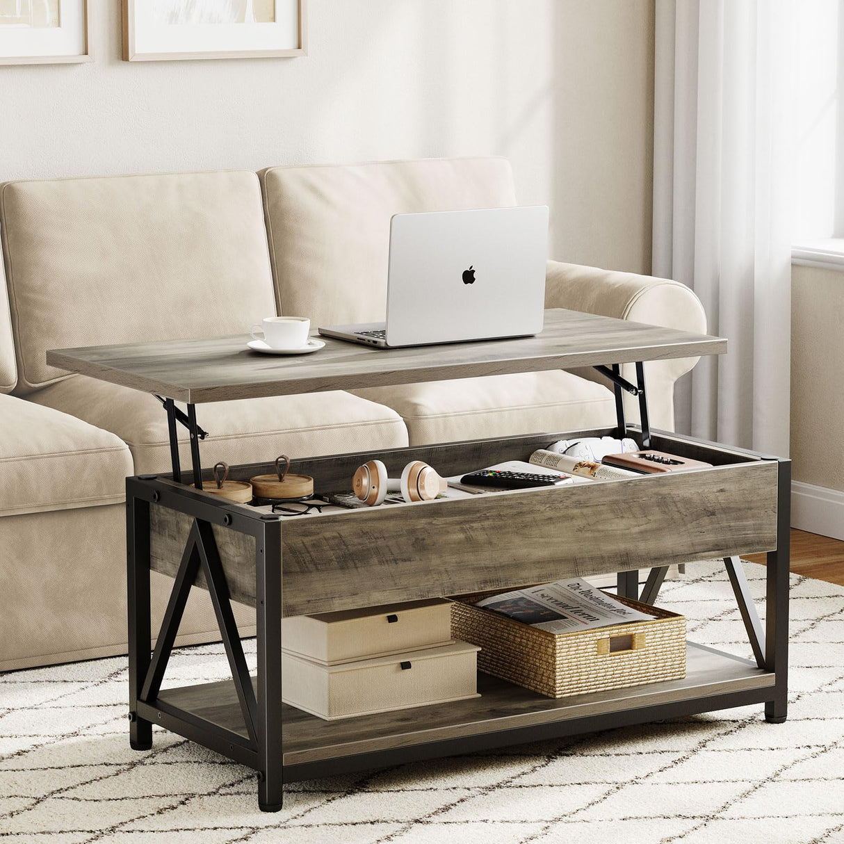 Memobarco Lift Top Coffee Table,Lift Coffee Tables with Storage Shelf and Large Hidden Compartment for Living Room,Lift Tabletop Dining Center Table for Small Space, Grey Memobarco