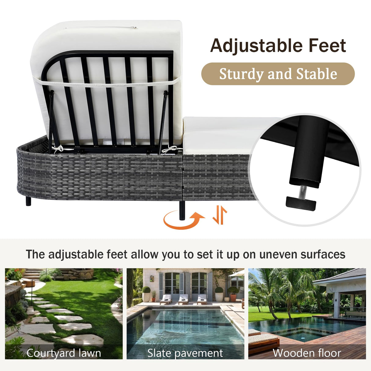 Merax Outdoor Daybed,Patio Rattan Daybed with Adjustable Backrest,Patio Wicker Loveseat Lounger,Outdoor Bed Loveseat Sofa Set with Pillows and Cushions for Garden, Backyard, Poolside,Black+Beige Merax