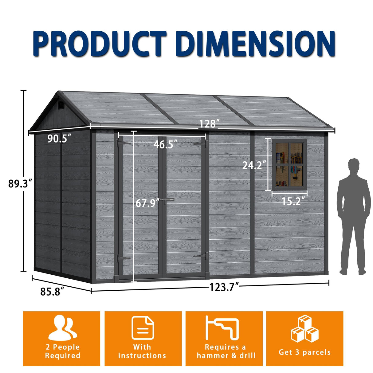 10x8 FT Resin Outdoor Storage Shed with Floor, Weather-Resistant Plastic Garden Shed with Windows, Lockable Door and Vents, Outside Tool Storage Sheds for Backyard, Garden, Lawn, Wood Grain Pipleo