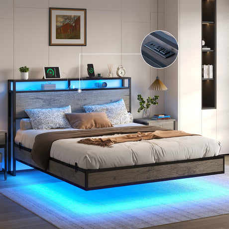 LUXOAK Grey Full Floating Bed Frame with RGB LED Lights and Smart Charging Station LUXOAK