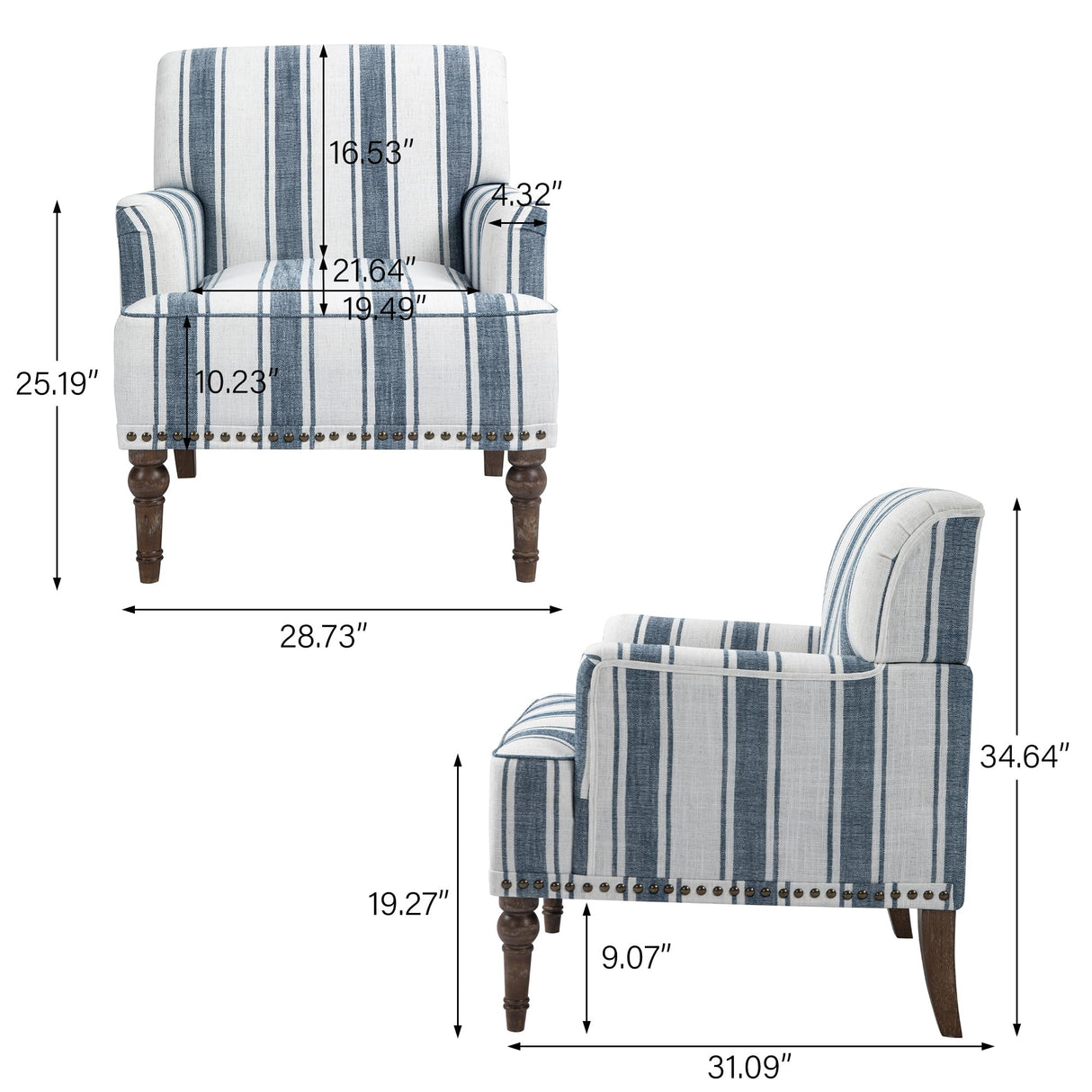 UIXE Stripe Accent Chair Arm Chair, Modern Nailhead Trim Club Armchair with Wood Legs, Comfy Living Room Single Sofa Reading Seat Bedroom Side Seating for Home Office, Dark Blue UIXE