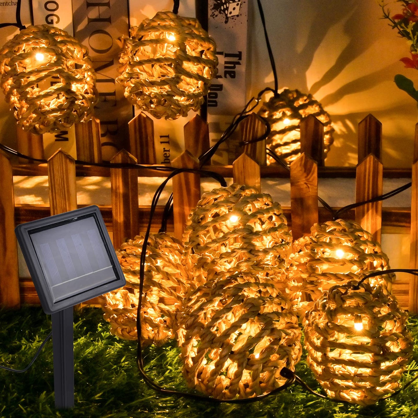 Livinlarge Solar String Lights Outdoor Waterproof, 10 LED Natural Rattan Balls Solar Outdoor Lights, Warm White Solar Powered String Lights for Garden Patio Yard Porch Wedding Party Decor - WoodArtSupply