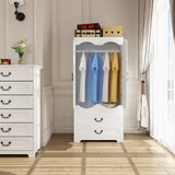 Janmer Home Armoire Wardrobe Closet with 2 Drawers, Tall Wooden Wardrobe Closet with 2 Doors and Hanging Rail, Free Standing White Armoire for Bedroom (Retro, White) Janmer Home