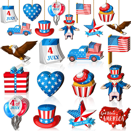 Marsui 36 Pcs Patriotic Hanging Ornaments for Tree 4th of July Wood Decor Labor Day Independence Wooden Ornaments with Ropes Star USA Flag Gnome Red White and Blue Decorations Memorial Day(Fresh) Marsui