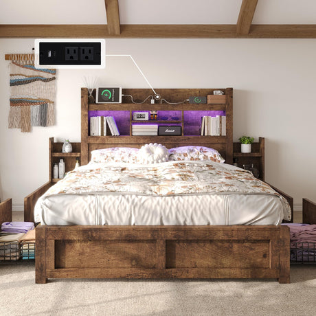 LUXOAK Full Bed Frame with 49.6" Bookcase Headboard & 2 Bedside Stoage Racks & 4 Drawers, Farmhouse Wood Bed Frame with RGB LED & Charging Station, No Box Spring Needed, Rustic Brown LUXOAK