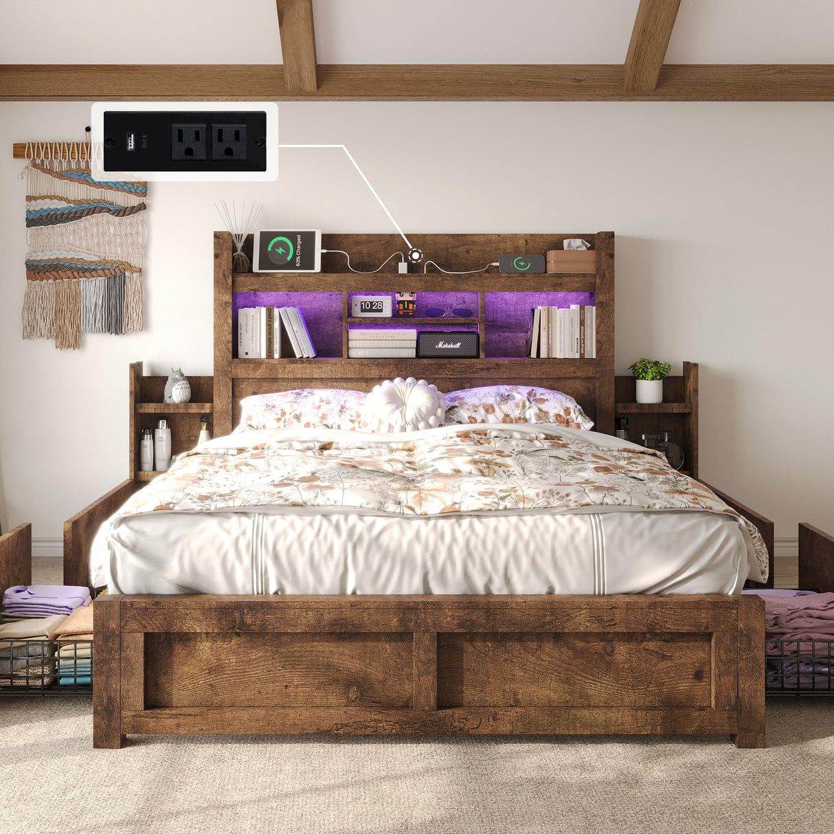 LUXOAK Queen Bed Frame with 49.6" Bookcase Headboard & 2 Detachable Bedside Stoage Racks & 4 Drawers, Farmhouse Wood Bed Frame with RGB LED & Charging Station, No Box Spring Needed, Rustic Brown LUXOAK