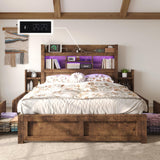 LUXOAK Queen Bed Frame with 49.6" Bookcase Headboard & 2 Detachable Bedside Stoage Racks & 4 Drawers, Farmhouse Wood Bed Frame with RGB LED & Charging Station, No Box Spring Needed, Rustic Brown LUXOAK