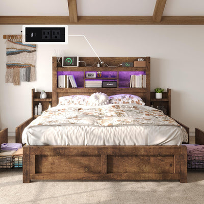 LUXOAK Full Bed Frame with 49.6" Bookcase Headboard & 2 Bedside Stoage Racks & 4 Drawers, Farmhouse Wood Bed Frame with RGB LED & Charging Station, No Box Spring Needed, Rustic Brown