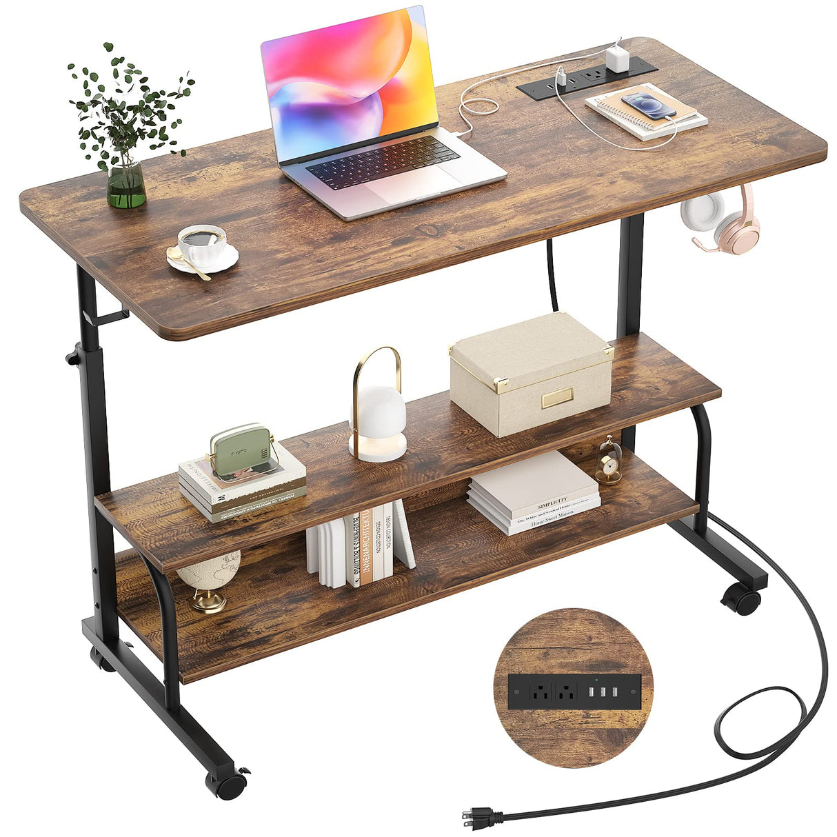 Height Adjustable Standing Desk with Power Outlets, 39" Manual Stand Up Desk with Storage Shelves Small Mobile Rolling Computer Desk Portable Laptop Table with Wheels for Home Office, Rustic armocity