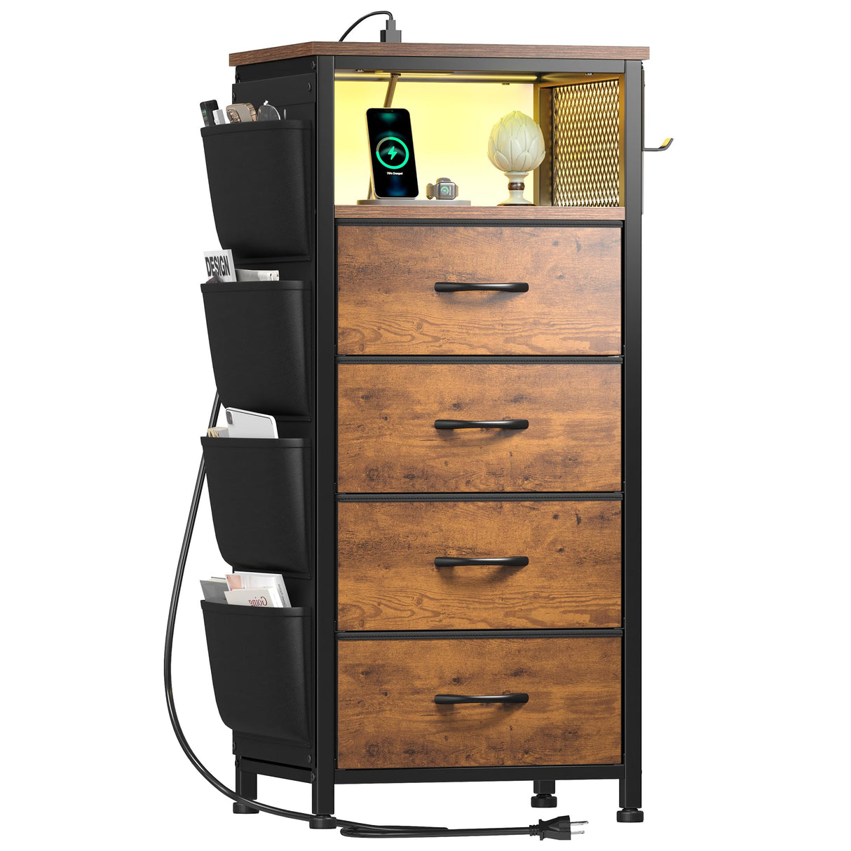 Dresser for Bedroom with Charging Station & LED Lights, 4 Storage Drawers with Side Pockets, Dressers & Chests of Drawers, Fabric Dresser Organizer Unit for Bedroom, Closet, Hallway, Entryway, Brown EnHomee