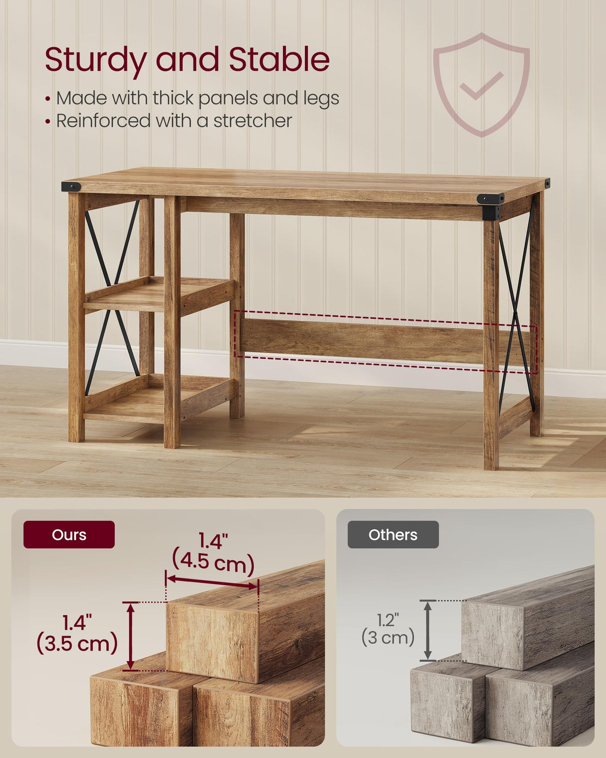 VASAGLE Computer Desk, Home Office Desk with Storage Shelves on Right or Left, Farmhouse, for Work Study Gaming Writing, 23.6 x 47.2 x 29.5 Inches, Honey Brown ULWDAM090T41 VASAGLE