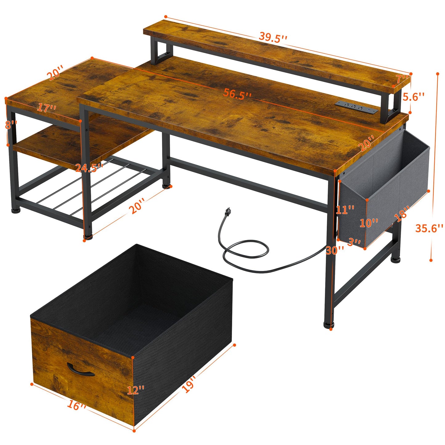 EnHomee 56.5" Computer Desk with File Drawers Cabinet,Home Office Desk with Shelves Monitor Stand,Study Writing Gaming Desk with Power Outlets,Work Table with Printer Space,Rustic Brown - WoodArtSupply