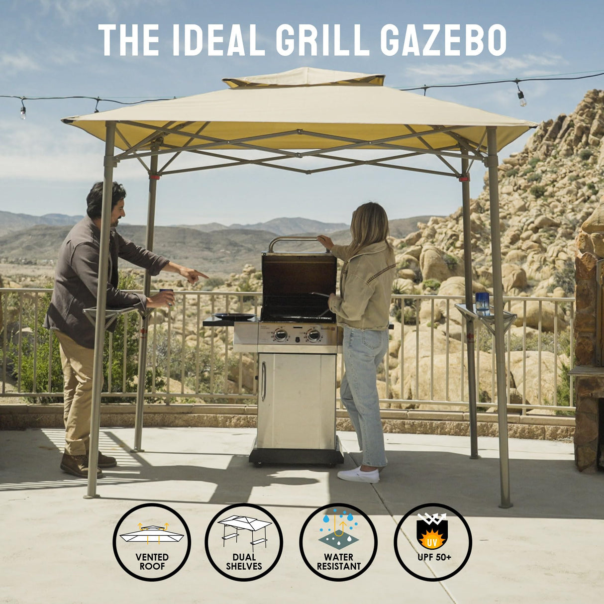 Crown Shades 8x5 Grill Gazebo - Pop Up Canopy for BBQ and Backyard Patio - Easy Outdoor Barbecue Shade Cover with Double Tier Vented Top & 2 Side Shelves (Beige) CROWN SHADES