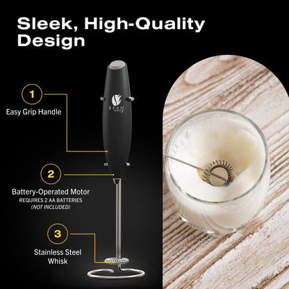 Bean Envy Milk Frother Handheld for Coffee - Electric Hand Blender, Mini Drink Mixer Whisk & Coffee Foamer Wand with Stand for Lattes, Cappuccino, Matcha and Hot Chocolate - Kitchen Gifts - Black