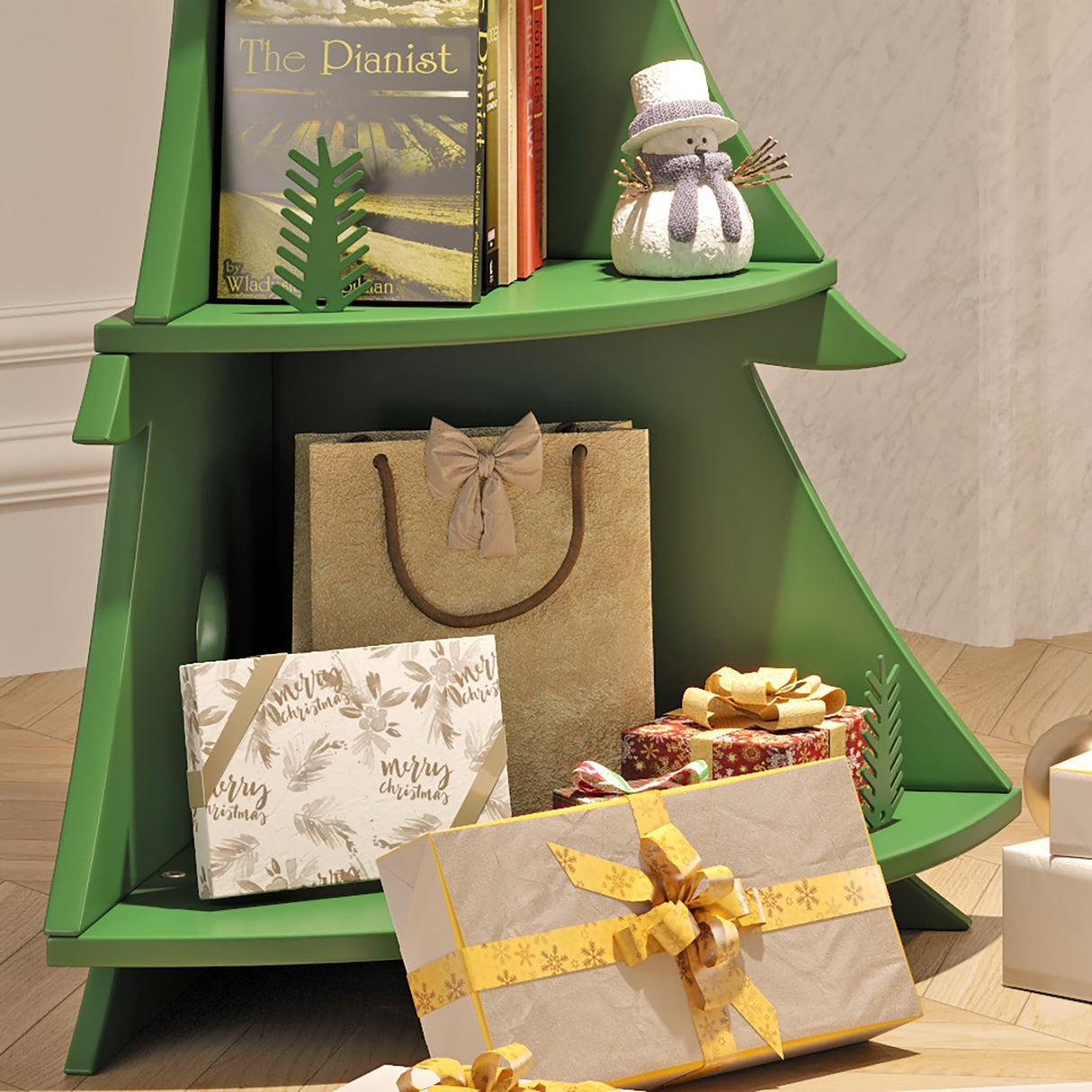 BALANBO Corner Bookshelf Christmas Tree Shape Rubber Wood Corner Bookcase for Study Living Room Bedroom Office Hall H71.1''（Green） BALANBO