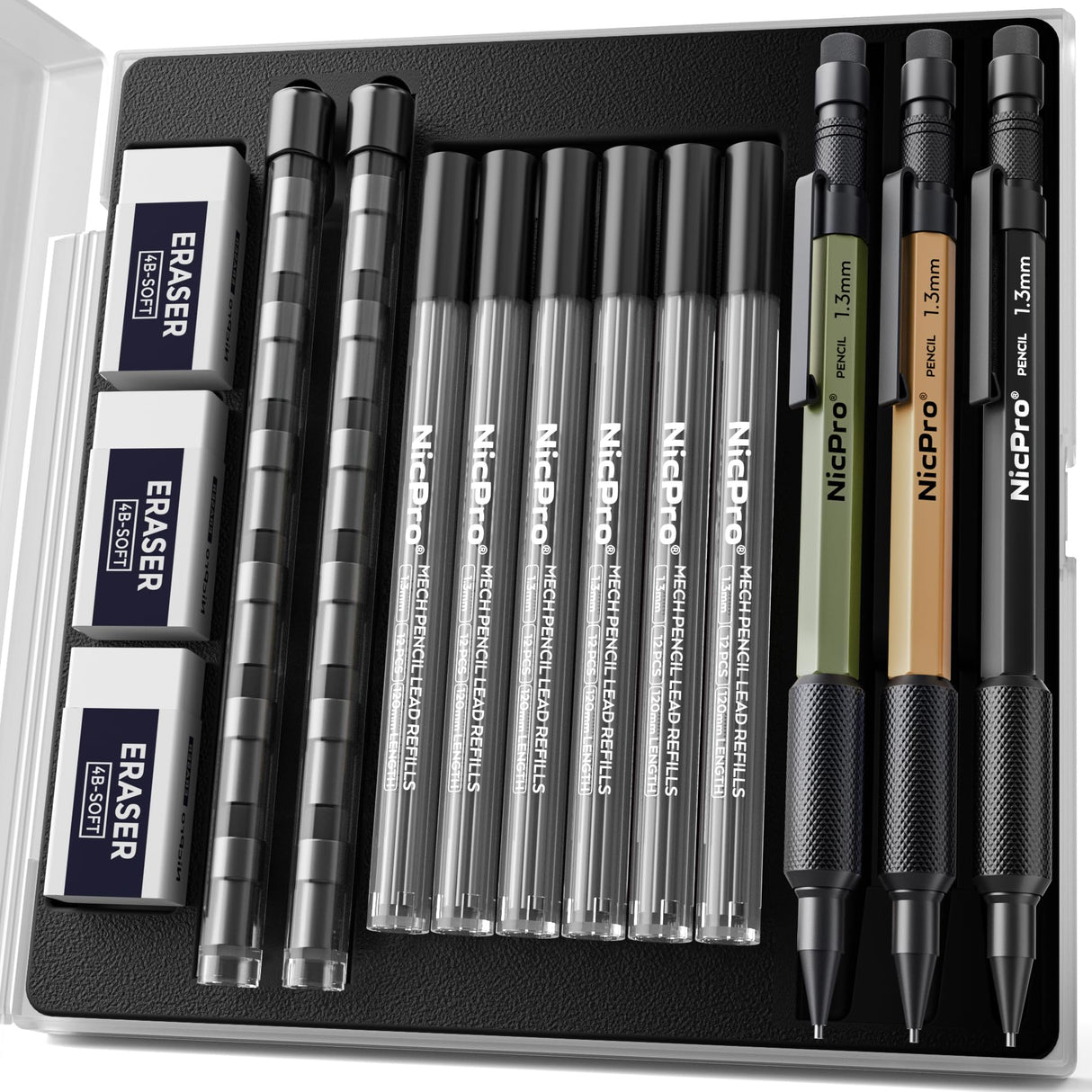 Nicpro 3 PCS 1.3 mm Mechanical Pencil Set 3 Colors with 36 Lead Refill, 3 Eraser - Weatherproof Metal MP2000 Heavy Duty Carpenter Pencil for Outdoor Marking Drafting Drawing Woodworking Nicpro