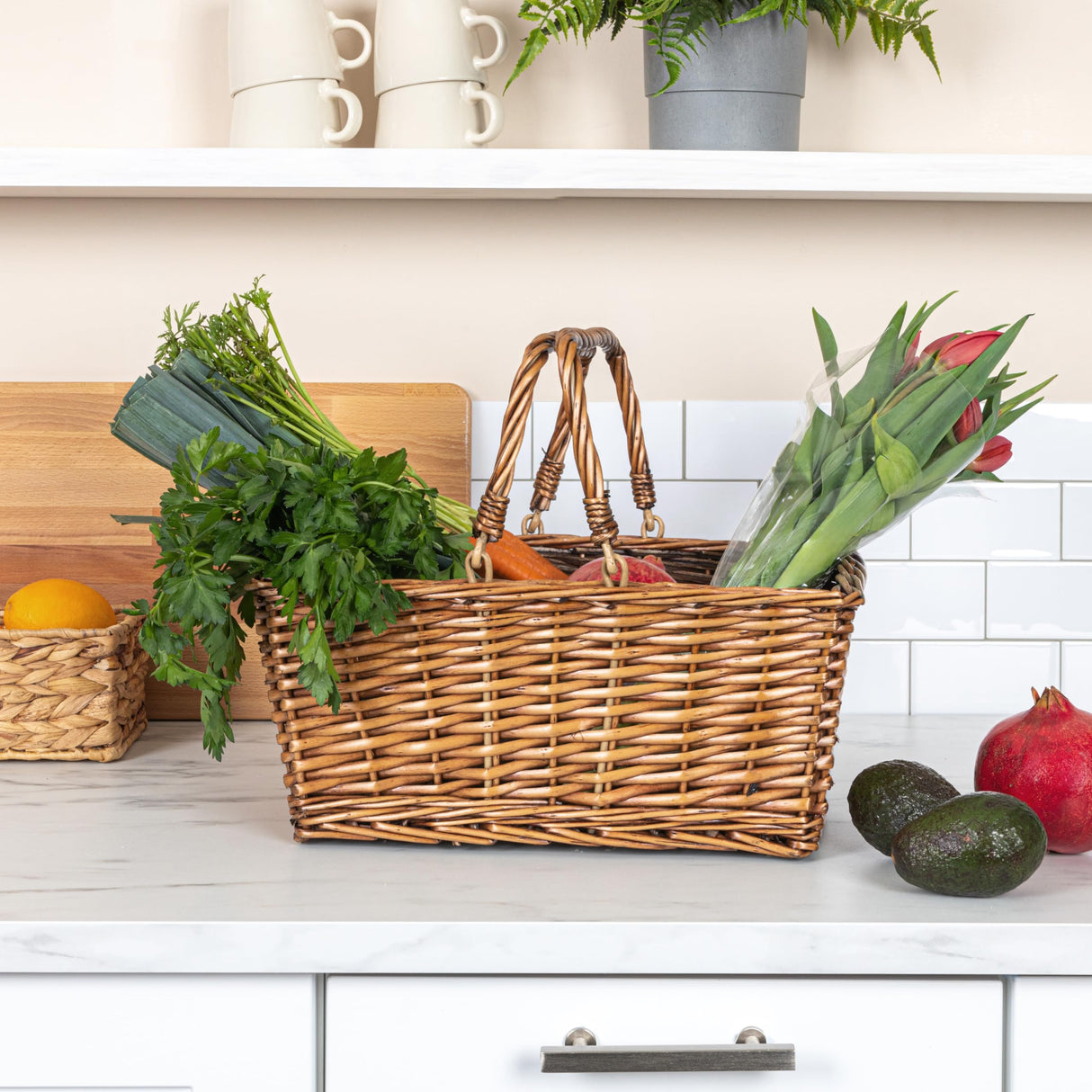 Household Essentials Woven Market Basket, Handwoven Willow Weave, Stylish Handles with Durable Metal Anchors, Classic and Versatile, Attractive, Spacious, Lightweight, Brown Stain Household Essentials