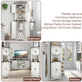Hlivelood Farmhouse Corner Cabinet, 5-Tier Tall Storage Cabinet with 4 Barn Door & Adjustable Shelves, Bathroom Cabinet with Storage for Living Room, Kitchen, Bathroom, Rustic White Hlivelood
