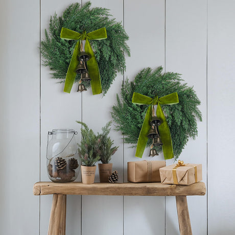Chuangdi 2 Pcs Christmas Norfolk Wreath with Cypress Cow Bells and Velvet Ribbon Bow 11.8" Faux Pine Greenery Winter Wreath Rustic Swag for Xmas Home Table Wall Window Porch Door Indoor Outdoor Decor Chuangdi