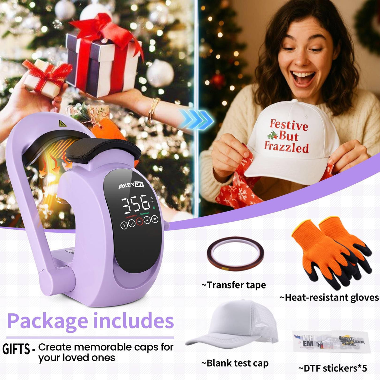 AKEYDIY 3-in-1 Auto Hat Heat Press Machine for Caps, with 3pcs Interchangeable Platens, Automatic Open & Release, Touchscreen for Precise Time & Temp Control, Heat Transfer Printing for Caps, Purple AKEYDIY