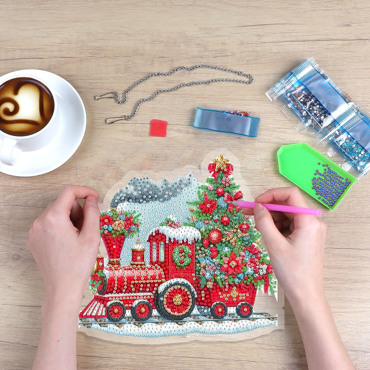 Skyboda Train Diamond Art Hanging Kits for Adults Beginners, DIY Acrylic 5D Special Shaped Crystal Diamond Gem Art Painting Hanging Ornament for Home Wall Decor and Gift(Christmas Tree Red Train) Skyboda