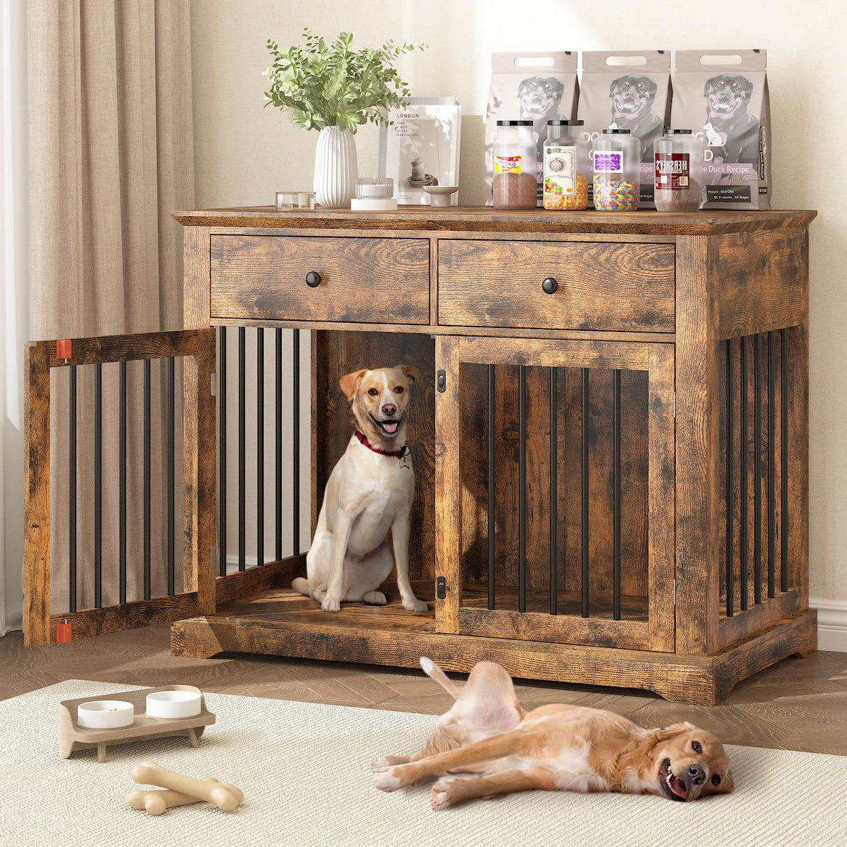 PRETZI Dog Crate Furniture, 44 Inch Wooden Dog Kennel Indoor with 2 Storage Drawers, Heavy Duty Large Dog Crate Furniture, Rustic Style Decorative End Table Dog Cage for Small/Medium/Large (Brown) PRETZI