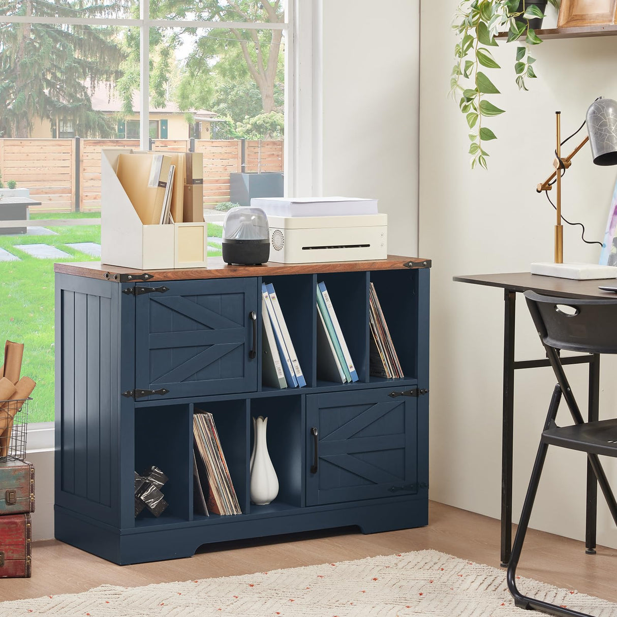 Joaxswe Large Record Player Stand with Vinyl Storage Up to 450 Albums, 39 Inch Farmhouse Wood Navy Blue Vinyl Records Storage Cabinet with Barn Doors, Mid-Century Turntable Stand for Living Room Joaxswe