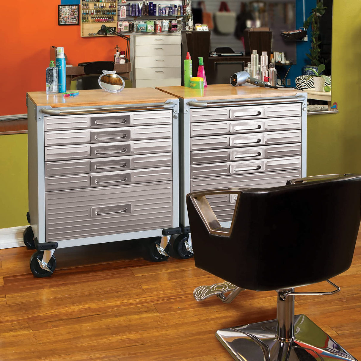 Seville Classics UltraHD Heavy Duty Rolling Cabinet Workbench Table w/Solid Wood Top, Workstation for Garage, Office, Workshop, Granite, 6-Drawer (28" W x 18" D Seville Classics