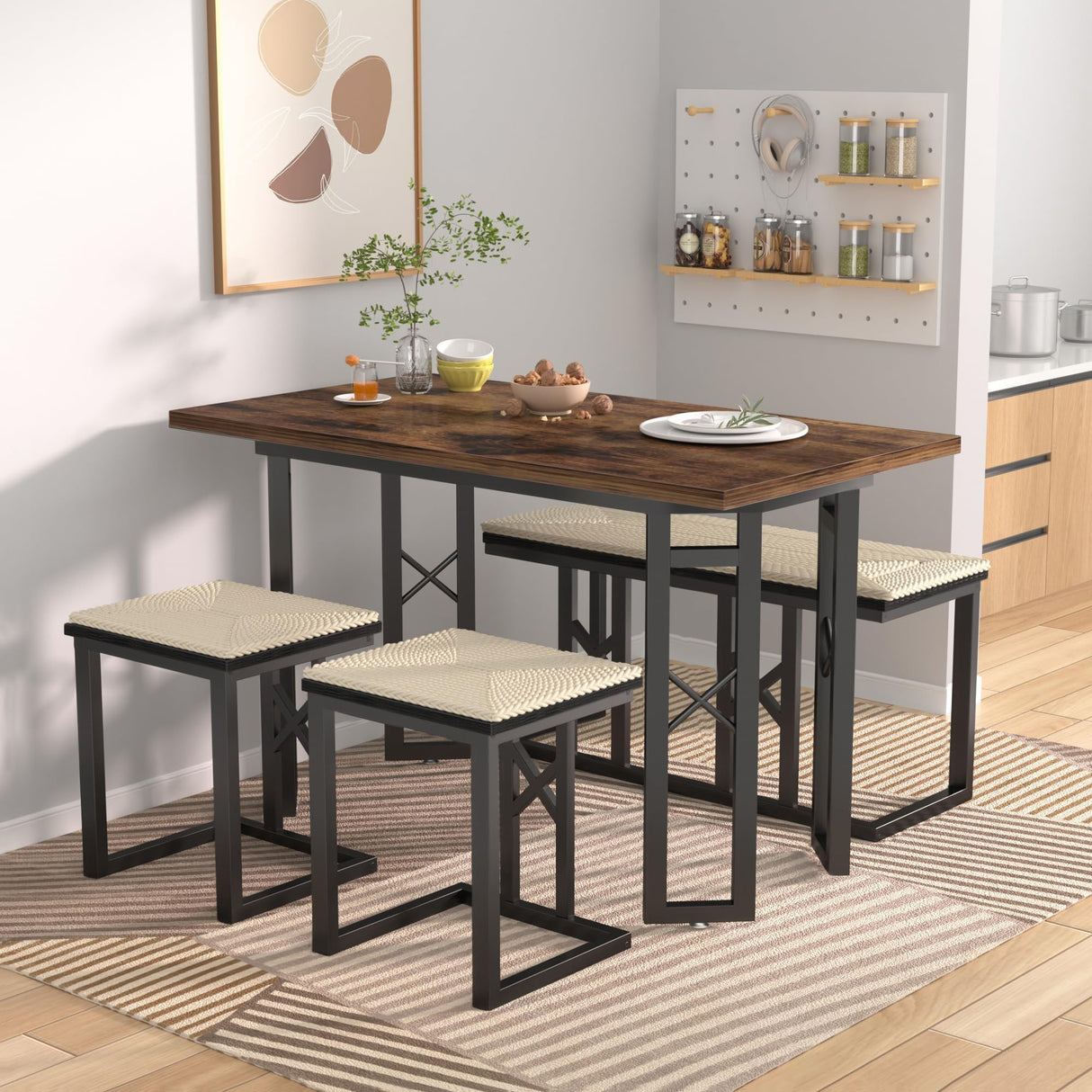 VECELO 43.3" Dining Table Sets, Farmhouse Small Kitchen Table for 4 with 3 Benches Wicker Mats,Metal Frame Space-Saving Adjustable Feets Coffee Table for Home Kitchen Dining, Dark Brown VECELO