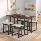 VECELO 43.3" Dining Table Sets, Farmhouse Small Kitchen Table for 4 with 3 Benches Wicker Mats,Metal Frame Space-Saving Adjustable Feets Coffee Table for Home Kitchen Dining, Dark Brown VECELO