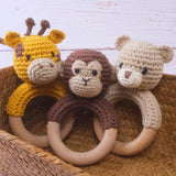 Joliecraft Safari Animals Wooden Baby Rattle Toys Stuffed Crochet Rattle with Teether Ring for Newborn, Beige Bear Joliecraft