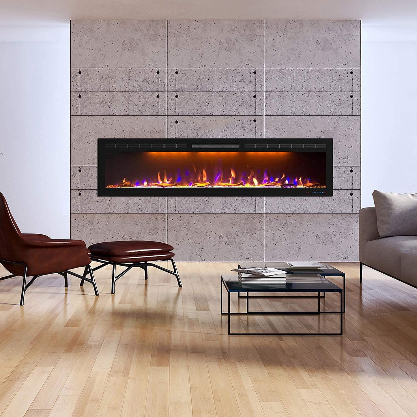 Mystflame 72 inch Electric Fireplace - Ultra Slim Frame - in Wall Recessed & Wall Mounted - Multicolor Flame - Log & Crystal Hearth - 1500/750 Watt Heater - Remote Control & Touch Screen- Timer