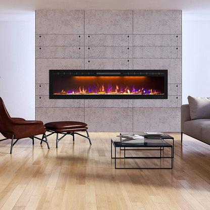 Mystflame 72 inch Electric Fireplace - Ultra Slim Frame - in Wall Recessed & Wall Mounted - Multicolor Flame - Log & Crystal Hearth - 1500/750 Watt Heater - Remote Control & Touch Screen- Timer