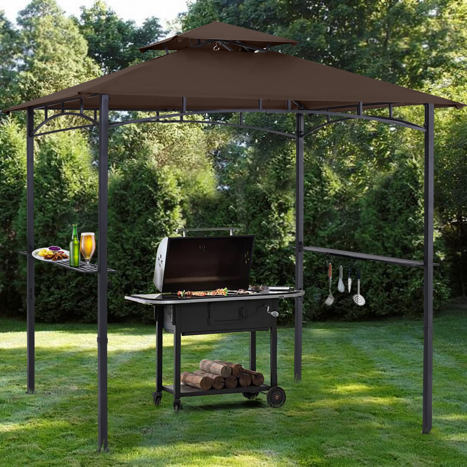 ABCCANOPY 8'x 5' Grill Gazebo Shelter, Outdoor BBQ Gazebo Canopy with LED Light (Coffee) - WoodArtSupply