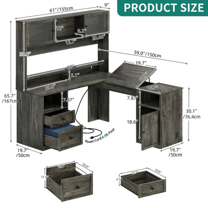 YITAHOME L Shaped Desk with Drawers & Hutch, 61" Computer Desk with Power Outlets & LED Lights, Corner Office Desk with Storage Cabinet, Drafting Table, Wood Desk, Grey - WoodArtSupply