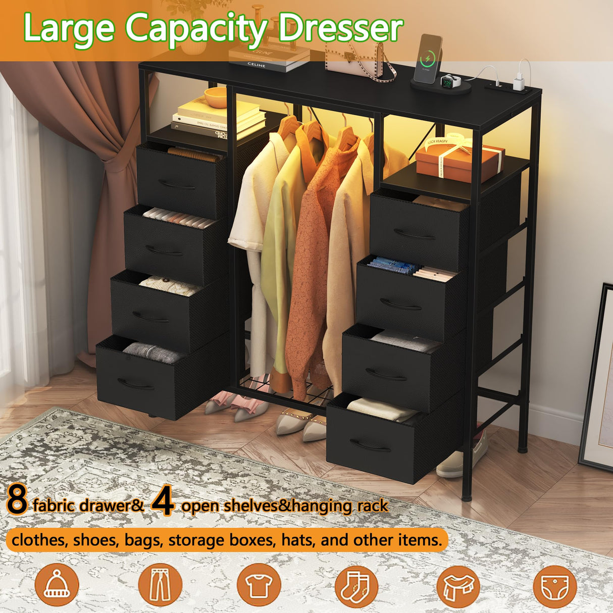 HIGDBFE 8 Drawers Dresser with Hanging Rack, Led Dresser with Charging Station, Kids Dressers with Clothes Rack Open Shelves, Chest of Drawers with Wooden Top for Bedroom, Kids Room, Black HIGDBFE