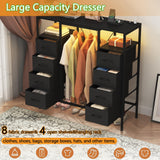 HIGDBFE 8 Drawers Dresser with Hanging Rack, Led Dresser with Charging Station, Kids Dressers with Clothes Rack Open Shelves, Chest of Drawers with Wooden Top for Bedroom, Kids Room, Black HIGDBFE
