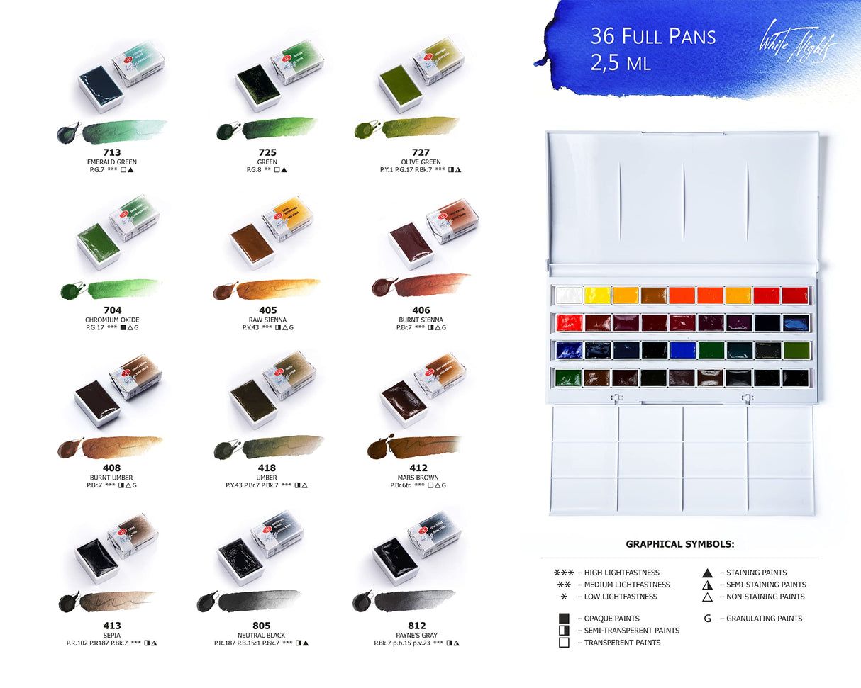White Nights Professional Watercolor Set 36 Full Pans 2.5ml Extra Fine Artists Grade Pigments Vibrant and Lightfast Colors in Durable Plastic Box Art Supplies for Artists by Nevskaya Palitra Handy Stamps Quality Value Speedy Service