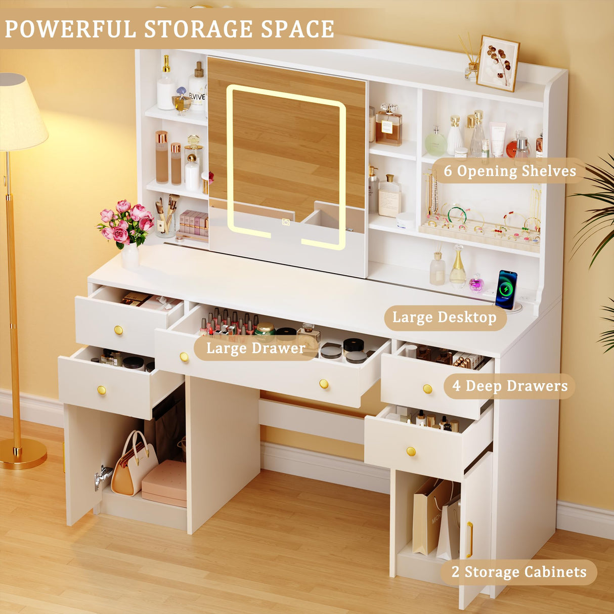 HUAHUU Vanity Desk with LED Lights & Sliding Mirror, Makeup Vanity with Lights, Power Outlet, White Vanity Desk with 5 Drawers & 2 Cabinets, 6 Storage Shelves for Bedroom HUAHUU