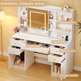 HUAHUU Vanity Desk with LED Lights & Sliding Mirror, Makeup Vanity with Lights, Power Outlet, White Vanity Desk with 5 Drawers & 2 Cabinets, 6 Storage Shelves for Bedroom HUAHUU