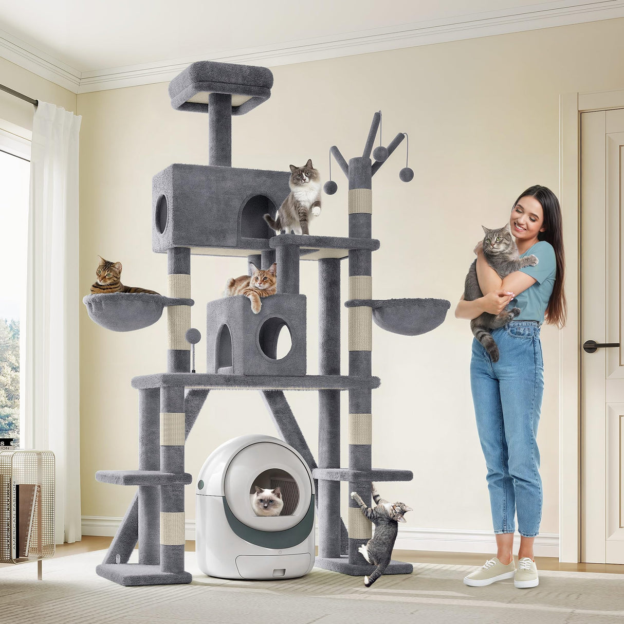 Homiflex Tall Cat Tree for Indoor Cats, 74" Multi-Level Cat Tower with Cat Condos, Plush Perches & Self-Cleaning Litter Box Base, Modern Cat Tree with Scratching Posts & Hammocks, Grey Homiflex