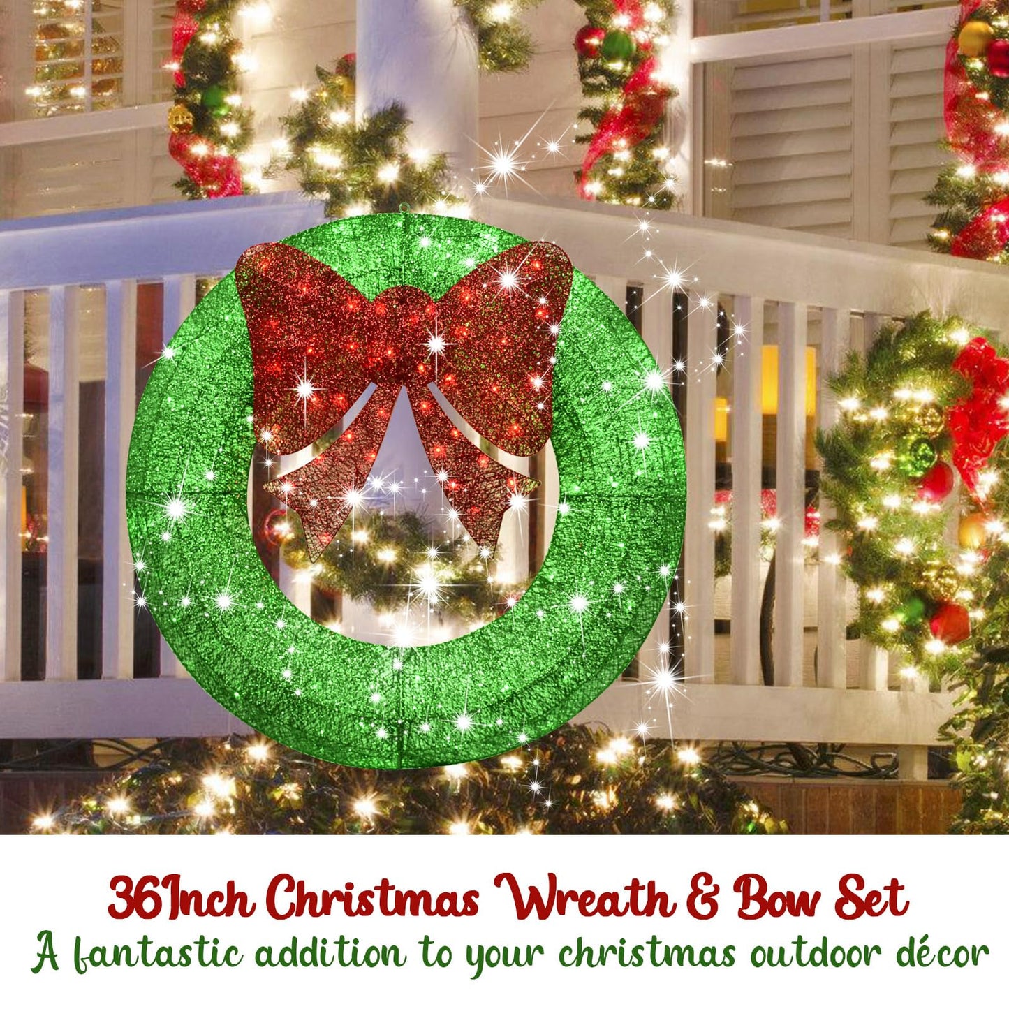 Carivia 3FT Pre-Lit Artificial Christmas Wreath,Outdoor Lighted Christmas Wreath for Front Door,36inch Xmas Wreath with 91 Lights and Red Bow for Winter Holiday Christmas Party Decorations