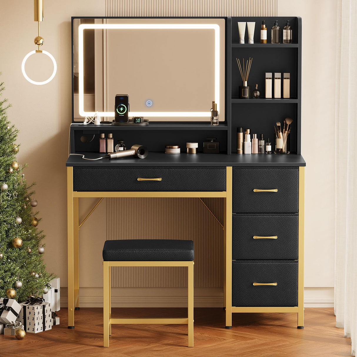 Rolanstar Vanity Desk with Mirror and Lights, Makeup Vanity with Upholstered Vanity Stool, 4 Drawers, Power Outlets, Vanity Set with 4 Compartments for Bedroom Black and Gold Rolanstar