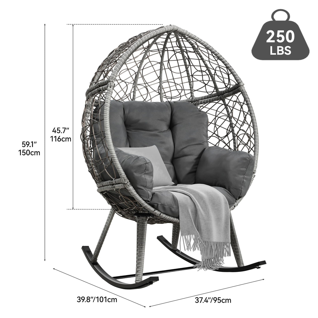 YITAHOME Wicker Rocking Egg Chair, Outdoor Patio Rocking Chair with 5.9in Thick Cushion, 250lb Capacity, Anti-Slip, All-Weather Resilient Egg Lounger Chair for Indoor & Outdoor, Grey(1 Pack only) YITAHOME