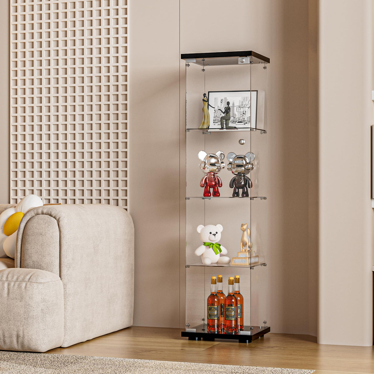 FANYUSHOW Glass Display Cabinet with Door and Lock, Quick-Install Style 4-Shelf Curio Cabinet 5mm Tempered Glass Floor Standing Bookshelf for Living Room, Bedroom, 65" H x 17''L x 14''W (Black) FANYUSHOW
