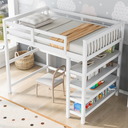 Merax Wood Loft Bed with Desk and Shelves : Full Size Loft Bed with 4-Storage Shelves and Under-Bed Desk,Solid Wood Bed, Full Size,White Color