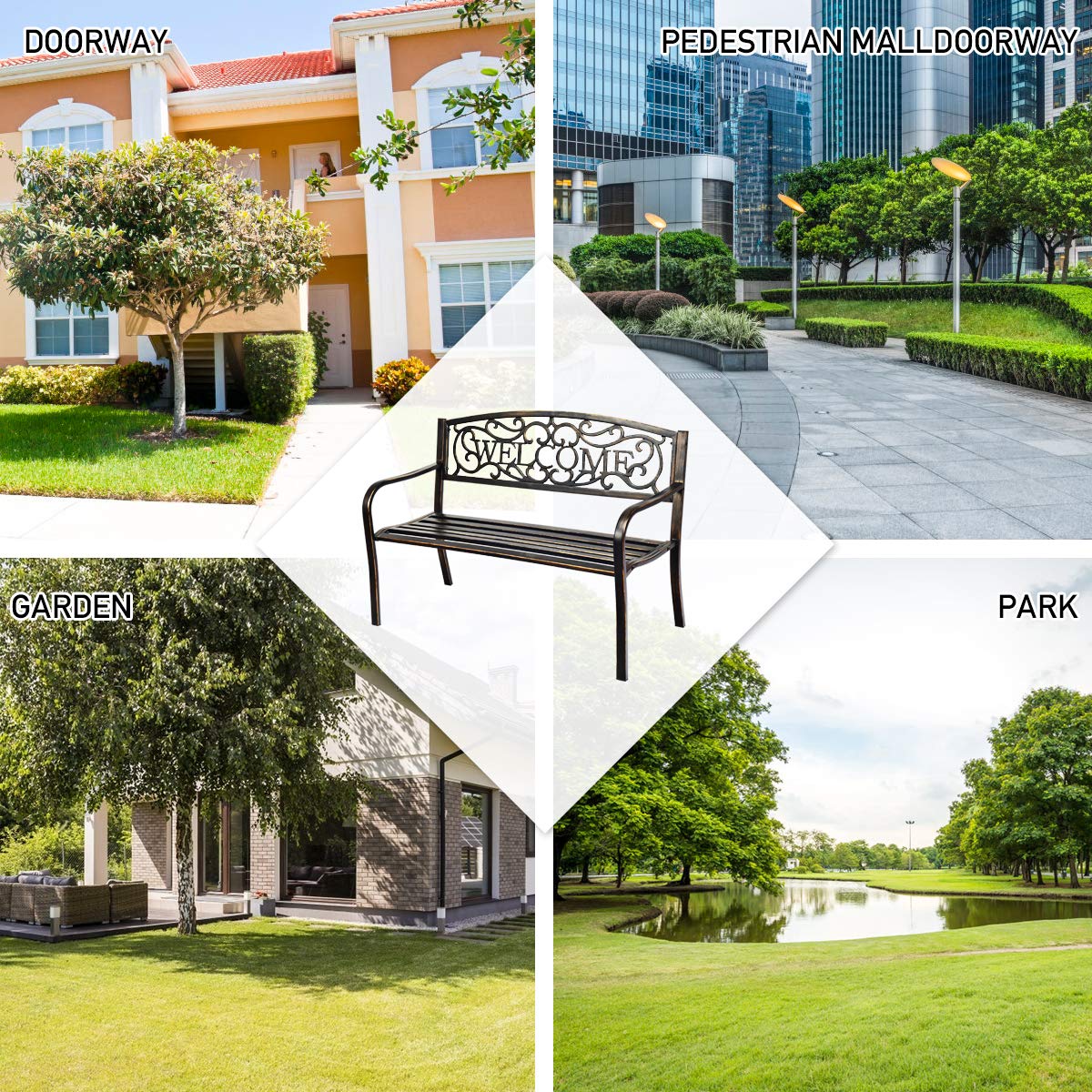 Giantex Garden Bench, Antique Metal Outside Bench w/Warm Welcome Pattern, Elegant Bronze Finish and Durable Metal Frame for Park Yard Porch Chair (Bronze) Giantex