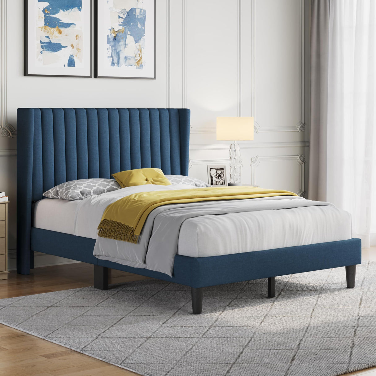 Yaheetech Full Size Bed Frame, Upholstered Platform Bed with Wing Edge Headboard, Square Tufted Fabric/Mattress Foundation/Wooden Slats Support/No Box Spring Needed/Easy Assembly/Navy Blue Yaheetech
